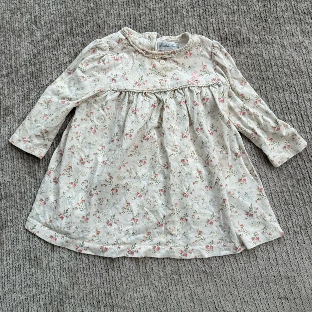 Ralph Lauren‎ Baby Girl Floral Dress 6M Ivory Pink Long Sleeve Cotton